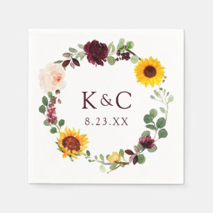Serviette En Papier Mariage de automne Sunflower Wreath Rose Bourgogne