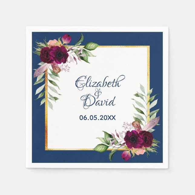 Serviette En Papier Mariage de boho bordeaux bleu marine (Devant)