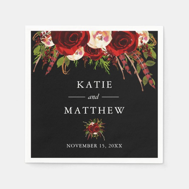 Serviette En Papier Mariage de Boho Floral de Bourgogne noire (Devant)