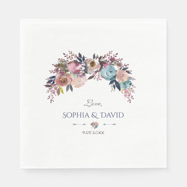 Serviette En Papier Mariage de bouquet floral rose-bleu Dusty (Devant)
