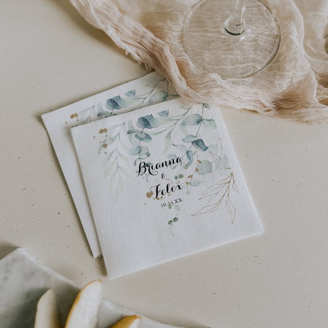 Serviette En Papier Mariage de calligraphie florale d'or Eucalyptus ru (Créateur téléchargé)