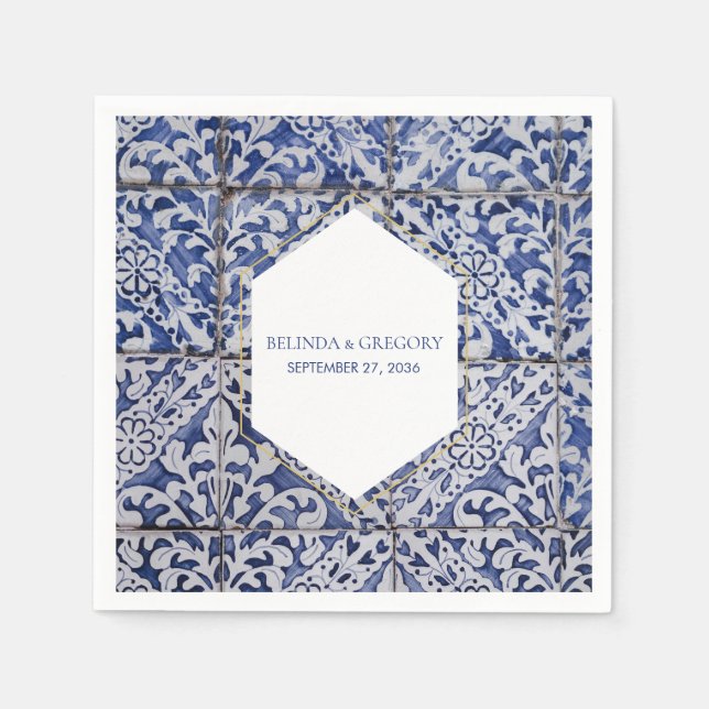 Serviette En Papier Mariage de carreaux portugais rustiques (Devant)