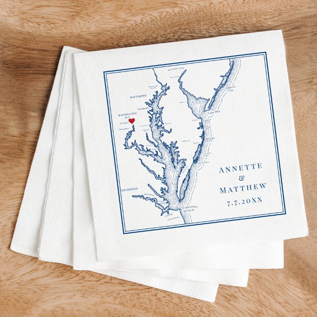 Serviette En Papier Mariage de carte bleu marine Elegant de Washington (These Washington DC map custom wedding napkins are perfect for your DC destination wedding)