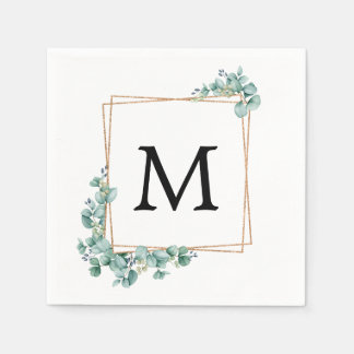 Serviette En Papier Mariage de couple avec monogramme doré et verdure