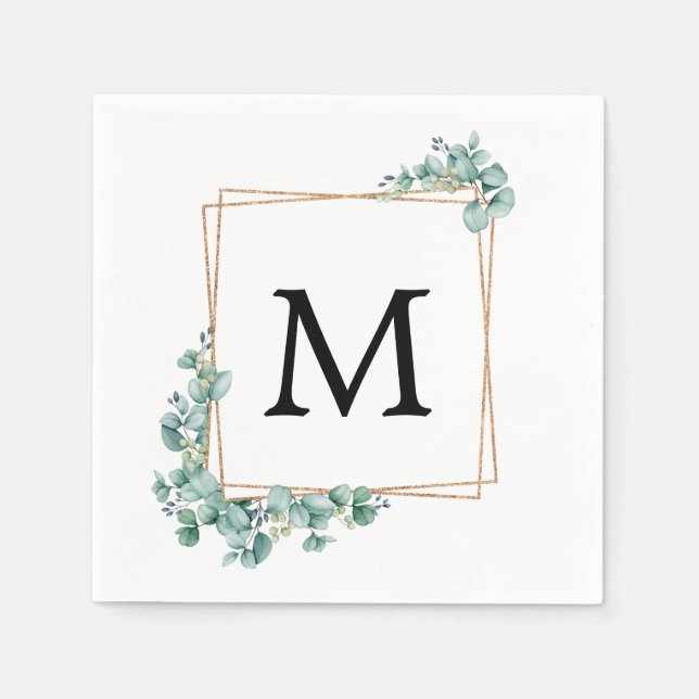 Serviette En Papier Mariage de couple sous la verdure à monogramme dor (Devant)