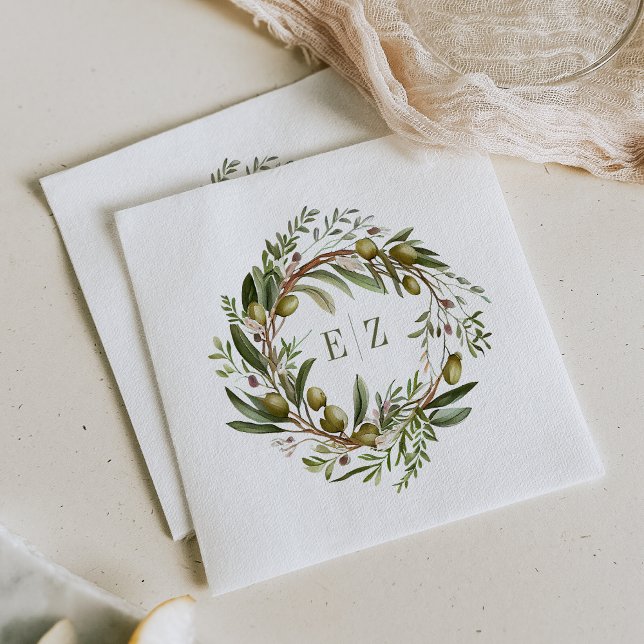 Serviette En Papier Mariage de courme d'olive rustique aquarelle (Créateur téléchargé)