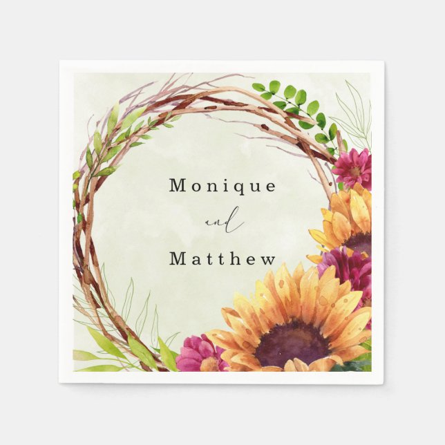Serviette En Papier Mariage de couronne de fleurs rose de tournesol (Devant)