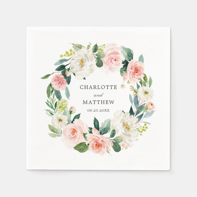 Serviette En Papier Mariage de couronne de fleurs rose pâle (Devant)