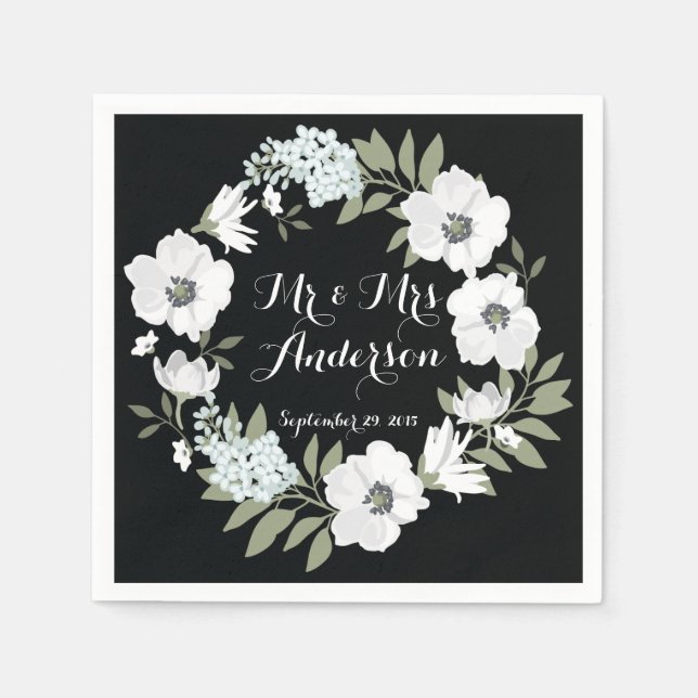 Serviette En Papier Mariage de couronnes florales blanches noires Napk (Devant)