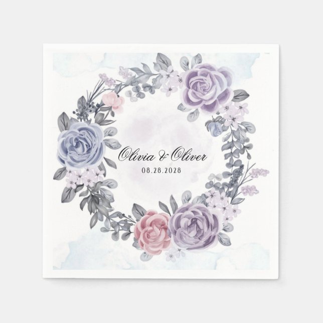 Serviette En Papier Mariage de couronnes florales bleu violet rose (Devant)