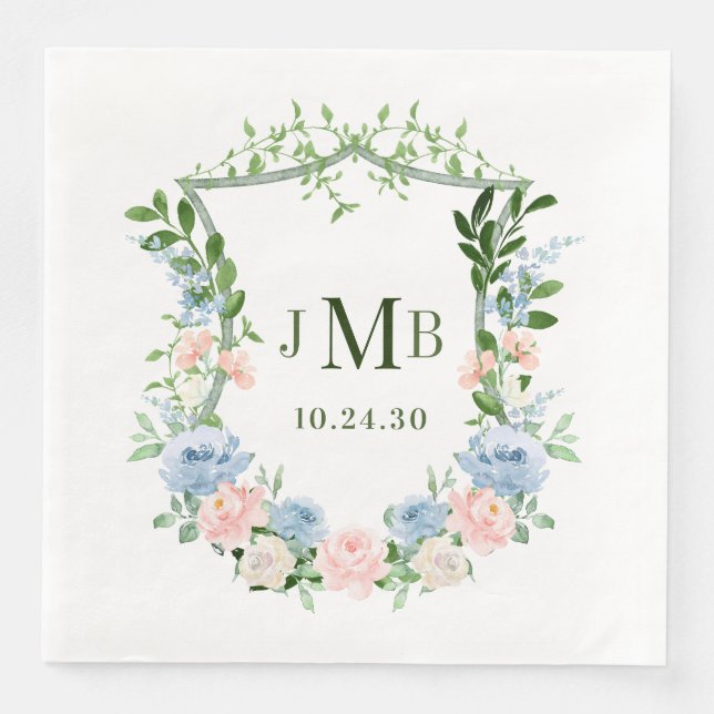 Serviette En Papier Mariage de crête florale bleu poussiéreux (Devant)