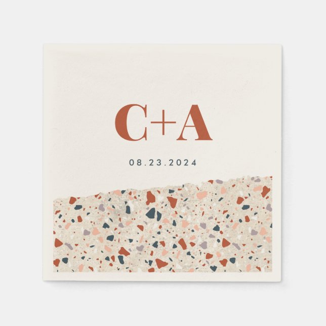 Serviette En Papier Mariage de dalle Terrazzo Monogramme et date (Devant)