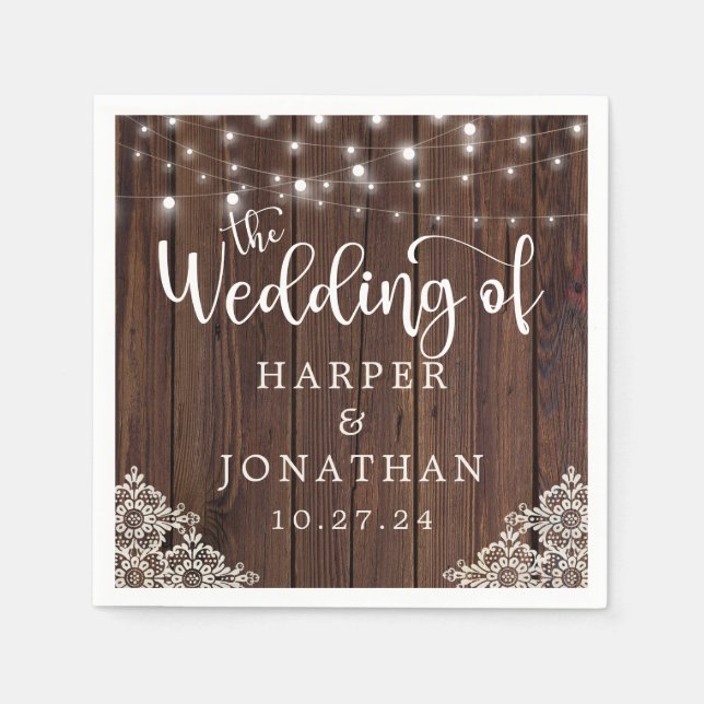 Serviette En Papier Mariage de dentelle en bois rustique (Devant)