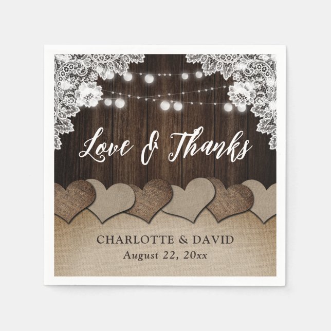 Serviette En Papier Mariage de dentelle en bois rustique (Devant)