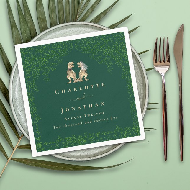 Serviette En Papier Mariage de Dinosaures Vert Foncé (dinosaur bride and groom wedding Jurassic eucalyptus foliage custom napkins)