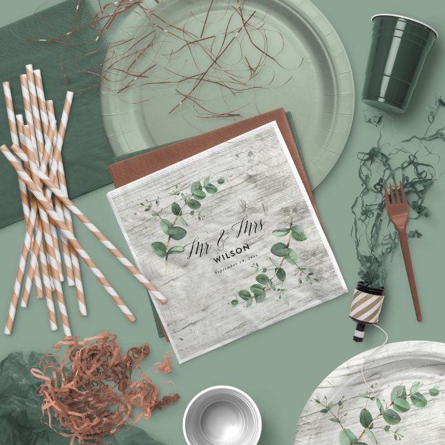 Serviette En Papier mariage de feuillage en bois blanc eucalyptus (Créateur téléchargé)