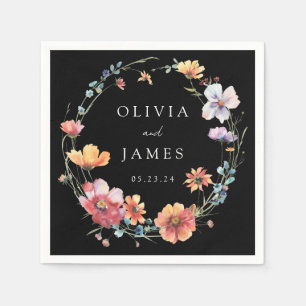 Serviette En Papier Mariage de Fleur sauvage d'aquarelle noir