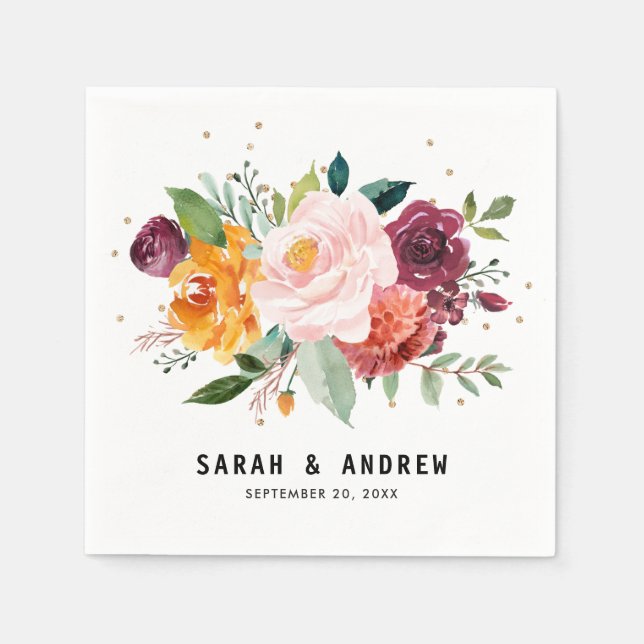 Serviette En Papier Mariage de fleurs florales de Bourgogne d'automne (Devant)