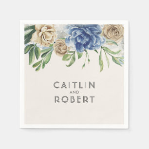 Serviette En Papier Mariage de fleurs Vintages bleu et ivoire Dusty