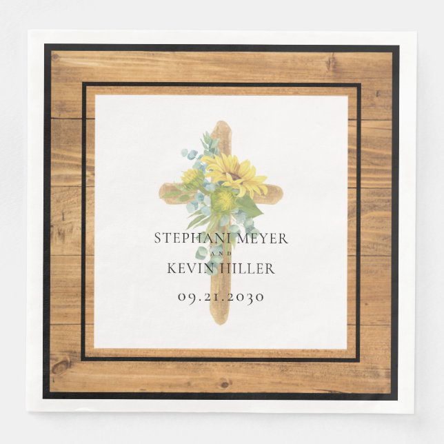 Serviette En Papier Mariage de la croix de tournesol en bois rustique (Devant)