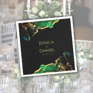 Serviette En Papier Mariage de l'or noir vert chic