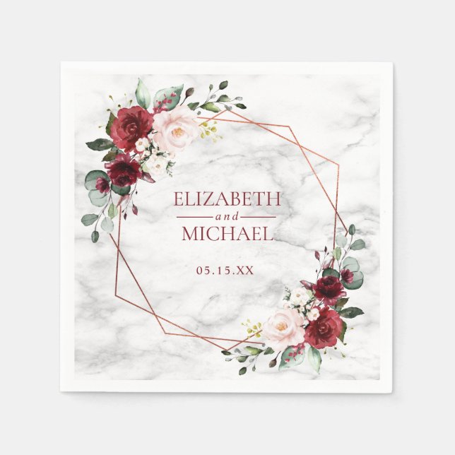Serviette En Papier Mariage de marbre en cuivre géométrique bordeaux (Devant)