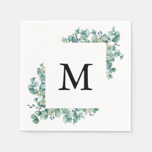 Serviette En Papier Mariage de monogramme à feuilles vertes d'Eucalypt