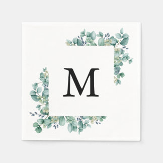 Serviette En Papier Mariage de monogramme à feuilles vertes d'Eucalypt