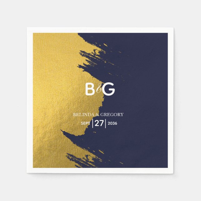 Serviette En Papier Mariage de Monogramme bleu de la Marine Faux Gold (Devant)