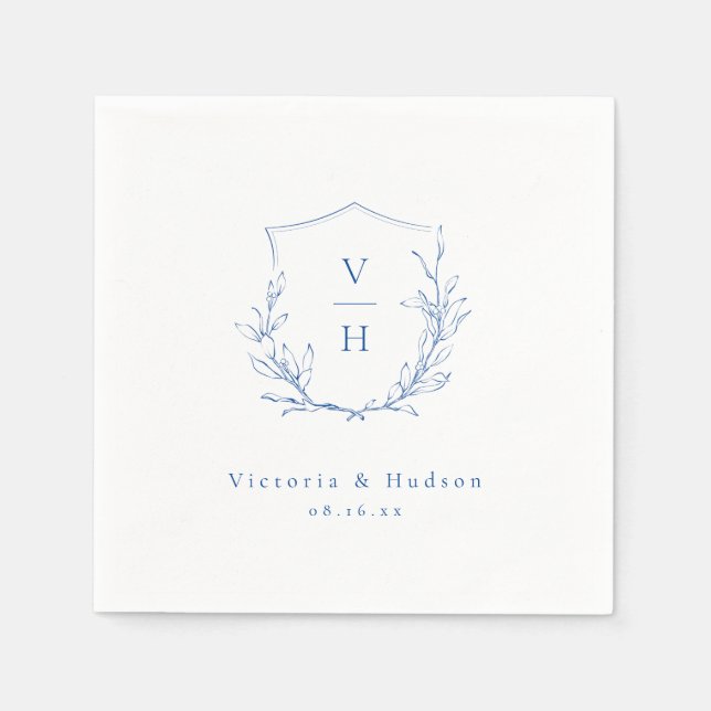 Serviette En Papier Mariage de monogramme bleu simple de crête botaniq (Devant)