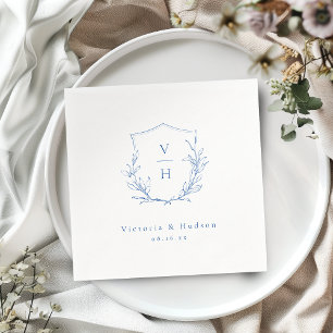 Serviette En Papier Mariage de monogramme bleu simple de crête botaniq