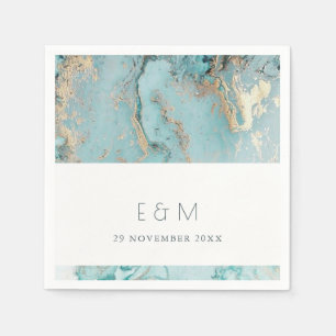 SERVIETTE EN PAPIER MARIAGE DE MONOGRAMME D'AGATE D'OR BLEU DUSKY AQUA