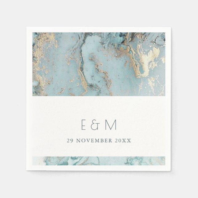 SERVIETTE EN PAPIER MARIAGE DE MONOGRAMME D'AGATE D'OR BLEU DUSKY AQUA (Devant)