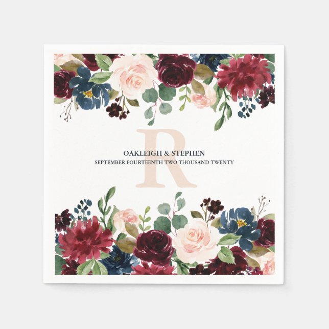 Serviette En Papier Mariage de monogramme d'aquarelle rose de Bourgogn (Devant)