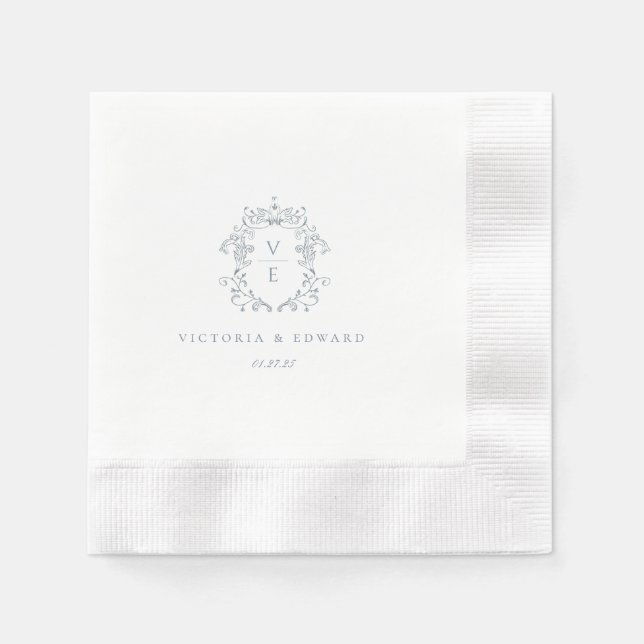 Serviette En Papier Mariage de monogramme de crête bleu poussiéreux (Devant)