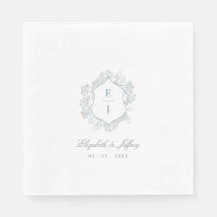 Serviette En Papier Mariage de monogramme de crête florale bleu-poussi