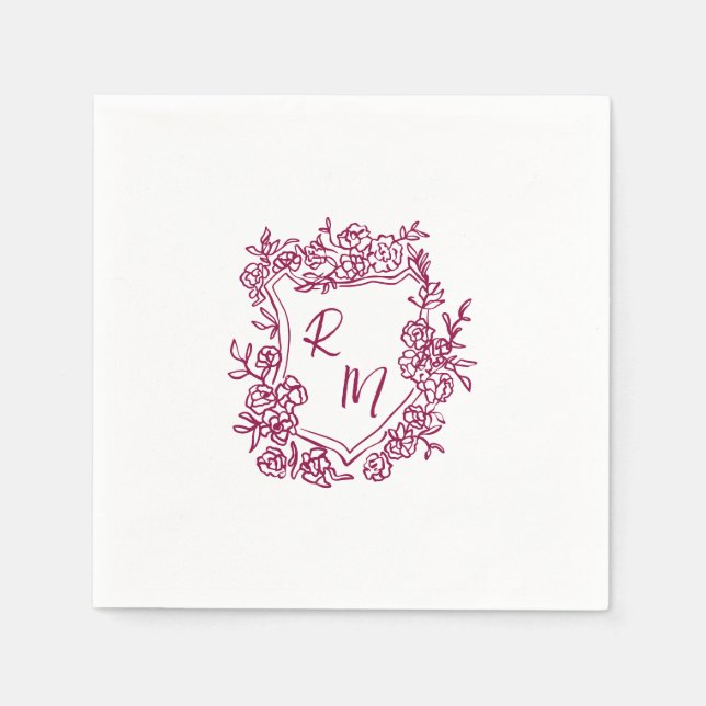 Serviette En Papier Mariage de monogramme de crête florale pourpre tir (Devant)
