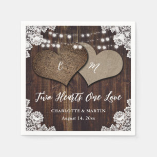 Serviette En Papier Mariage de monogramme de dentelle en bois rustique