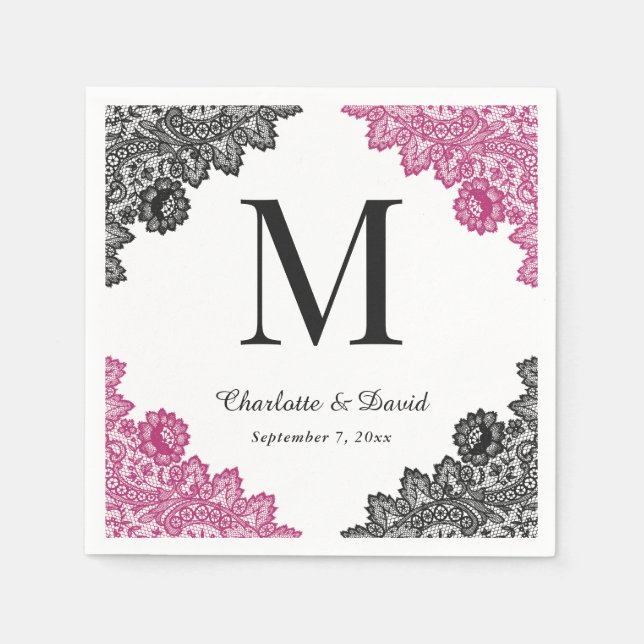 Serviette En Papier Mariage de monogramme de dentelle rose et noire ch (Devant)