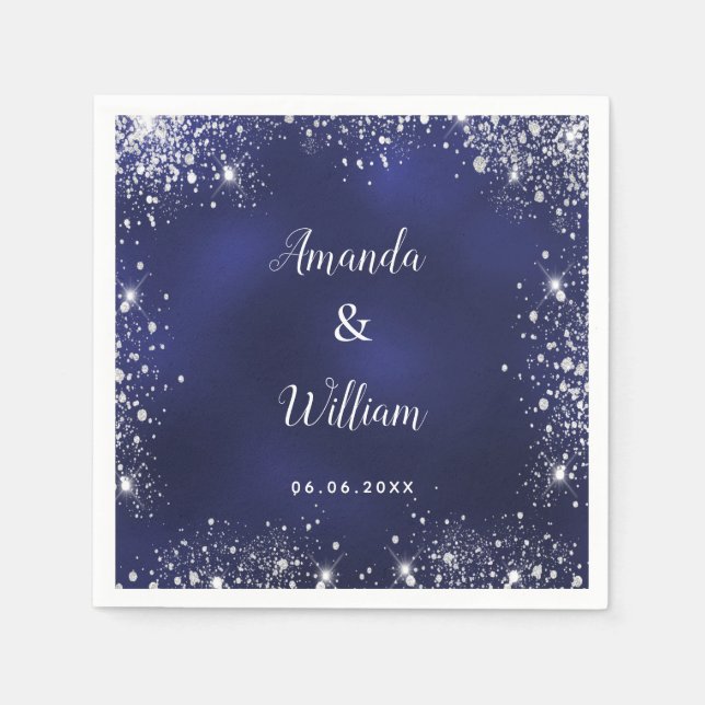 Serviette En Papier Mariage de monogramme de parties scintillant bleu  (Devant)