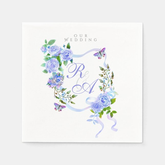 Serviette En Papier Mariage de monogramme de ruban bleu (Devant)