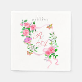 Serviette En Papier Mariage de monogramme de ruban rose