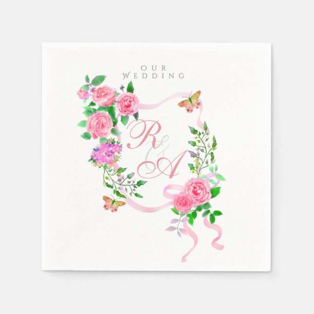 Serviette En Papier Mariage de monogramme de ruban rose (Devant)