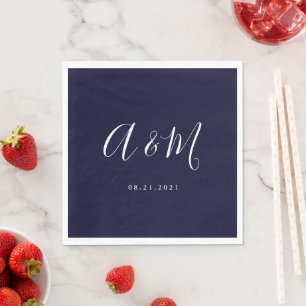 Serviette En Papier Mariage de monogramme élégant blanc de la marine