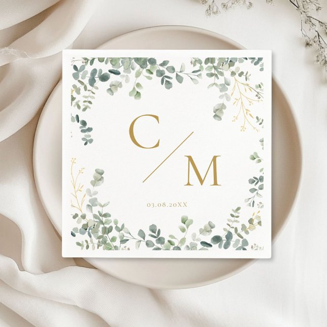 Serviette En Papier Mariage de monogramme Eucalyptus (Monogram Eucalyptus Wedding Napkinswith your name and date.)