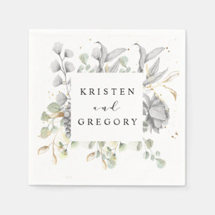 Serviette En Papier mariage de monogramme floral or argent dramatique