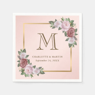 Serviette En Papier Mariage de monogramme floral rose vif