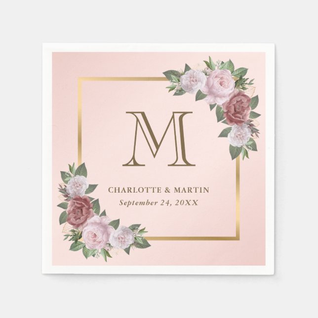 Serviette En Papier Mariage de monogramme floral rose vif (Devant)