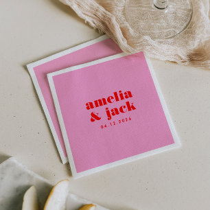 Serviette En Papier Mariage de monogramme moderne rose et rouge brilla