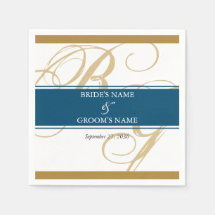 Serviette En Papier Mariage de monogramme or Blue Elegant